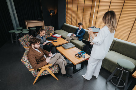 Business coworkers in a modern lounge meeting indoors with laptops, papers, and a presenterの写真素材