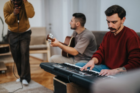 Group of musicians rehearsing indoors with keyboard and guitar in a cozy living roomの写真素材