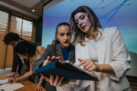 Business coworkers collaborate indoors during a meeting, reviewing documents and discussing a...