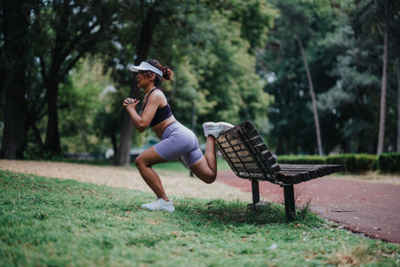 Athletic woman lunges beside a park bench during an outdoor workout session