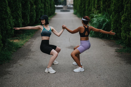 Two women perform synchronized squats on a park path, holding hands and training outdoors togetherの写真素材