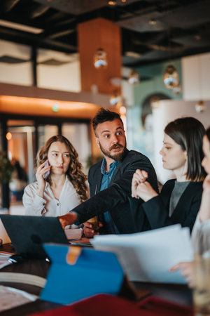 Business meeting in a modern office with coworkers discussing documents and ideasの写真素材
