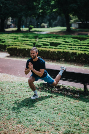 Man performing a lunge stretch on a park bench during an outdoor fitness session
