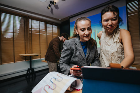 Two women collaborate with tablet in a modern office, sharing ideas and planning a projectの写真素材