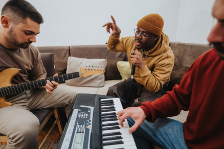 Three friends jam at home with guitar, keyboard, and microphone in a cozy living roomの写真素材