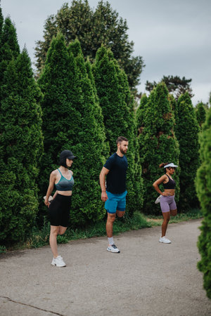 Group of three adults exercising outdoors along a row of tall evergreen treesの写真素材