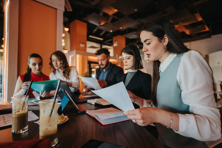 Group of colleagues reviewing documents at a cafe-style meeting, with drinks and devices during workの写真素材