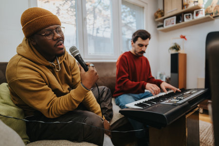 Two friends in a cozy living room studio: singer with mic and pianist at keyboardの写真素材