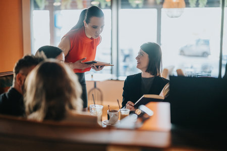 Group of colleagues at a cafe discussing documents as a standing woman hands a tablet