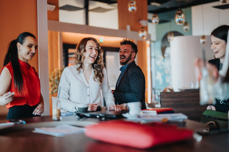 Colleagues laugh and chat in a modern office cafe during a coffee breakの写真素材