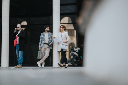 Business professionals standing outside a modern building, reviewing documents and discussing plans