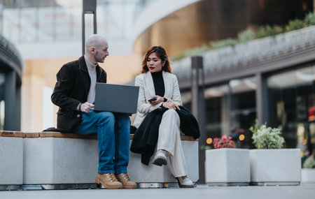 Business colleagues meet outdoors with laptop and smartphone in an urban plaza setting