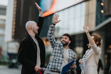 Three professionals celebrate outdoors with high fives and documents in a modern city setting