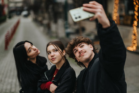 Three friends take a cheerful street selfie during a casual urban outingの写真素材