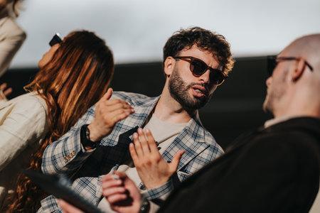 Man in plaid blazer talks with friends at a casual indoor social gatheringの写真素材