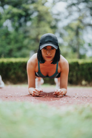 Woman in black cap performs plank exercise outdoors on track, park setting