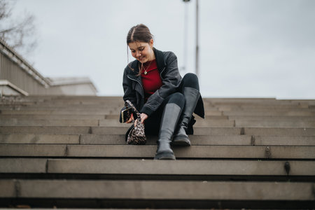 Young woman sits on outdoor stairs tying leopard print shoe in a casual urban fashion moment
