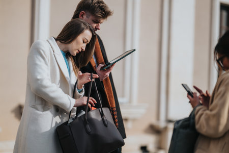 Busy street scene with professionals using tablets and phones outdoors in stylish coats