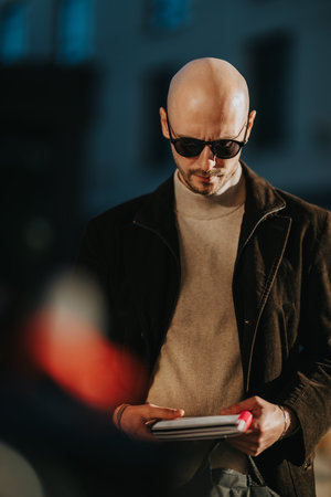 Bald man in sunglasses reviews notebook outside, wearing beige sweater and dark jacket, during...