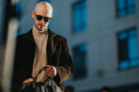 Confident man with sunglasses and beige turtleneck jacket holding a bag in urban streetの写真素材