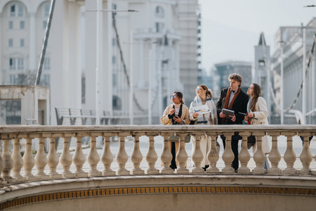 Group of business people leaning on a bridge railing during a city outing