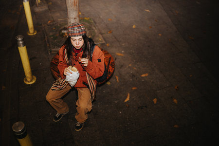 Teenage girl sitting on a city sidewalk at night, eating a snack in an orange jacket and hatの写真素材