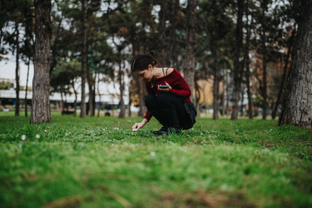 Young woman kneeling in a park, picking plants from the grass on a sunny dayの写真素材