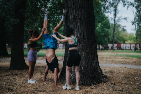 Three friends help a person perform a handstand against a tree in a parkの写真素材