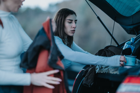 Two women load gear into a car trunk after hiking, organizing supplies for their next trip