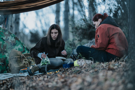 Two women camping in a forest campsite, packing supplies and sharing a mealの写真素材