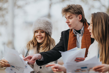 Group of young professionals and friends reviewing documents outdoors on a cold winter dayの写真素材