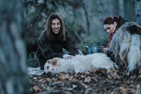 Smiling woman pets a fluffy white dog in a forest setting with friends cooking nearby