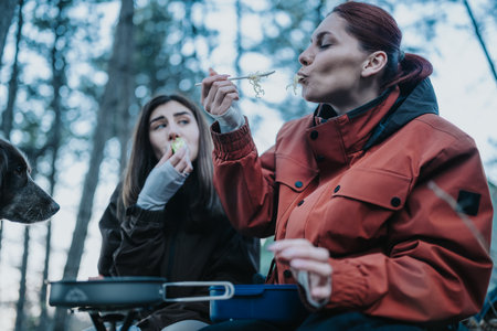 Two women camping outdoors cook noodles while a dog watches in a forest settingの写真素材