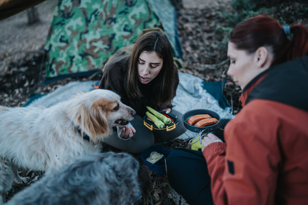 Two women camp with dogs sharing a meal and cooking vegetables outdoors