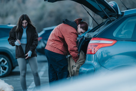 Two women loading a backpack into a car trunk during a hiking trip in a parking lot