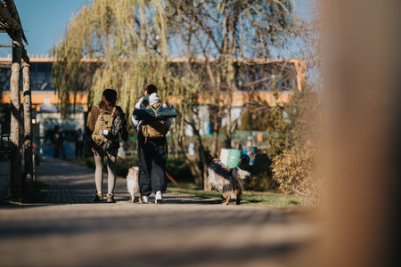 Two women with backpacks walk dogs in a sunny park during a casual hike