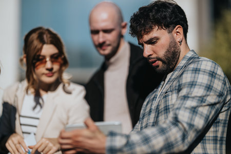 Business colleagues review notes on a tablet during an outdoor meet up today
