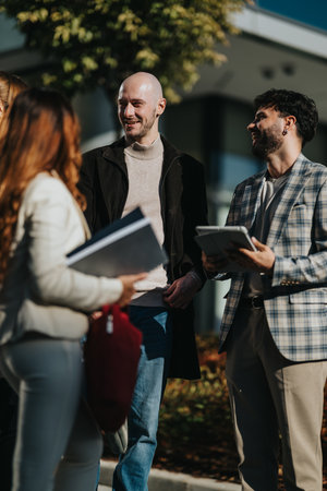Group of business people chatting outside, colleagues sharing ideas and documents during a casual...