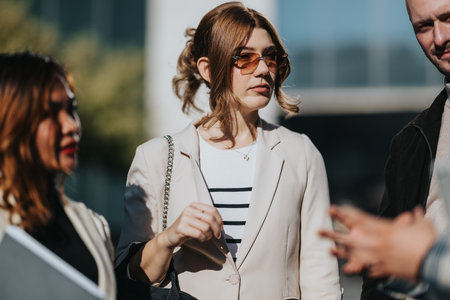 Professional woman in a beige blazer and sunglasses talks with colleagues outdoors in a sunny business sceneの写真素材