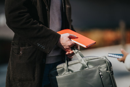Professional man holds orange notebook beside a gray briefcase in an urban setting