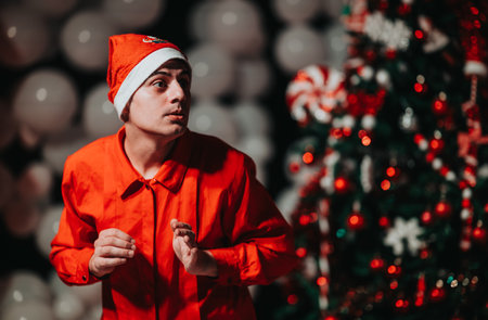 Young man in Santa hat and red uniform waiting backstage for a Christmas theater showの写真素材