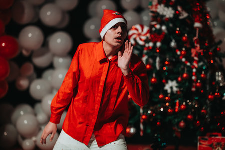 Dynamic Christmas performer wearing red shirt and Santa hat during festive stage moment