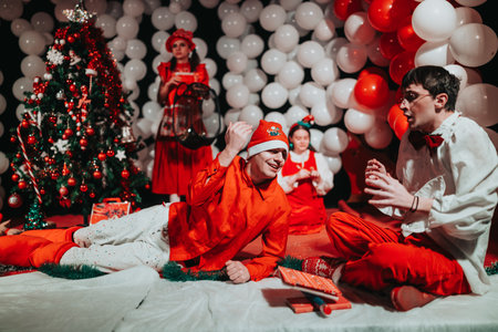 Friends Celebrate Christmas with Festive Costumes and Playful Poses at a Holiday Theater Scene