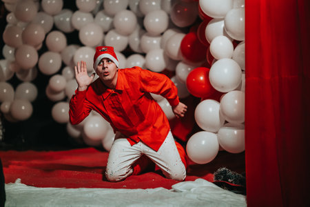 Male performer in a Santa hat kneels on a red stage for a Christmas theater showの写真素材