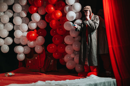 Man on stage with red curtain and balloon arch in festive theater showの写真素材