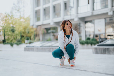 Active woman squats in an urban plaza wearing teal leggings and a white hoodie, bright city vibes