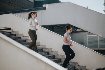Two women jogging down urban stairs during outdoor fitness in a city settingの写真素材