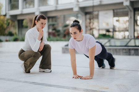 Two women training outdoors in an urban plaza; one does pushups while a friend observes