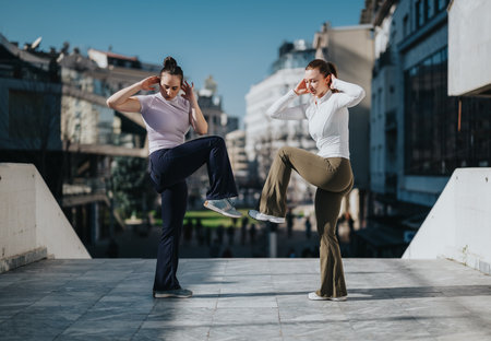 Two women performing high knee workouts in an urban city setting on a sunny dayの写真素材