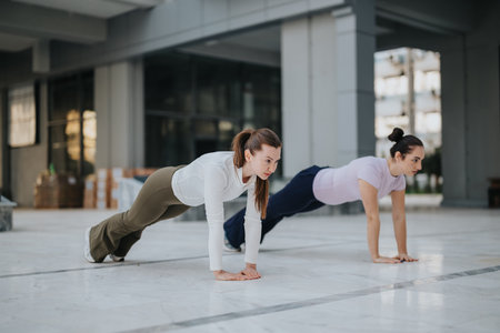 Two women exercise in an urban plaza performing push ups side by side